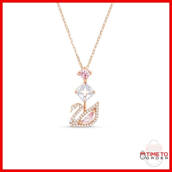 Swan Crystal Pendant Necklace Rose Gold Tone Chain 15 Inch